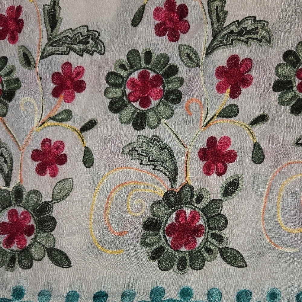Vibrant Multi Colored Floral  Embroidered Boho Cottagecore Wrap/Scarf w/Tassels - Picture 7 of 7